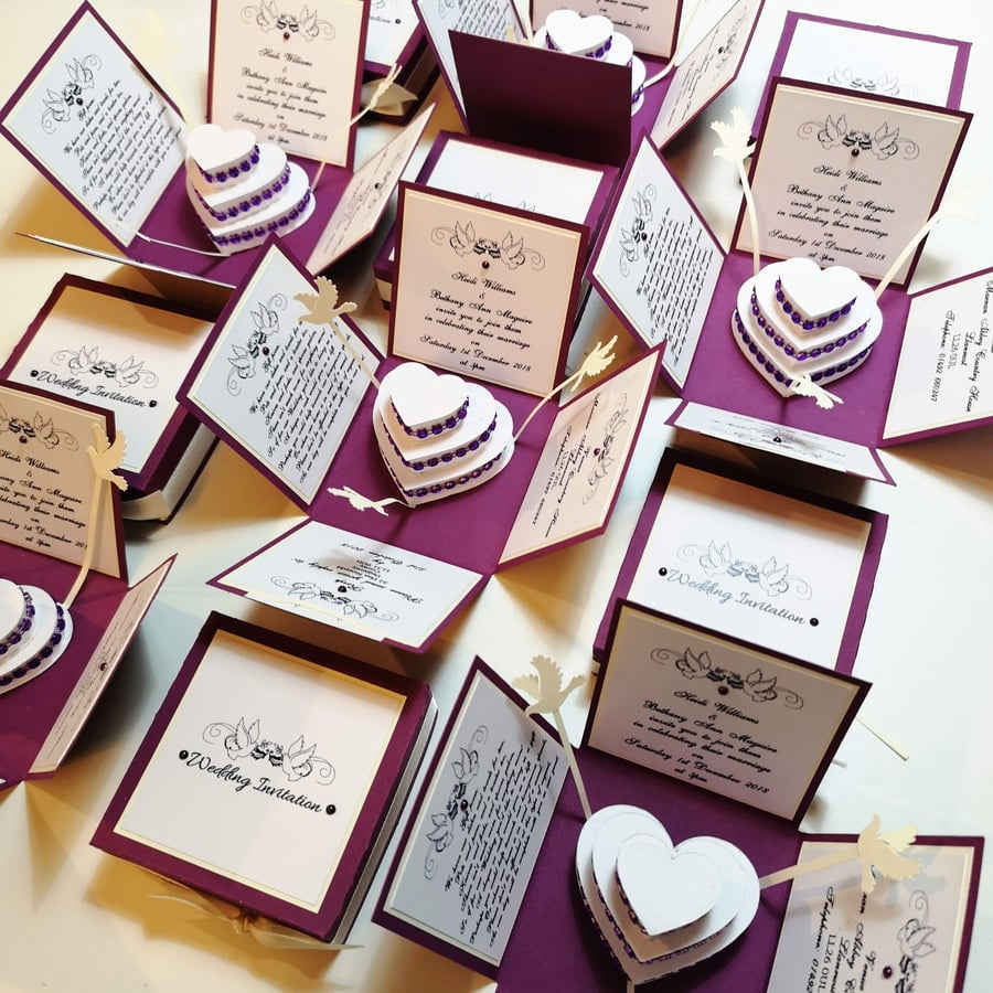 Purple & Cream Exploding Wedding Invitation Boxes - Luxury Invites - Bespoke Inv