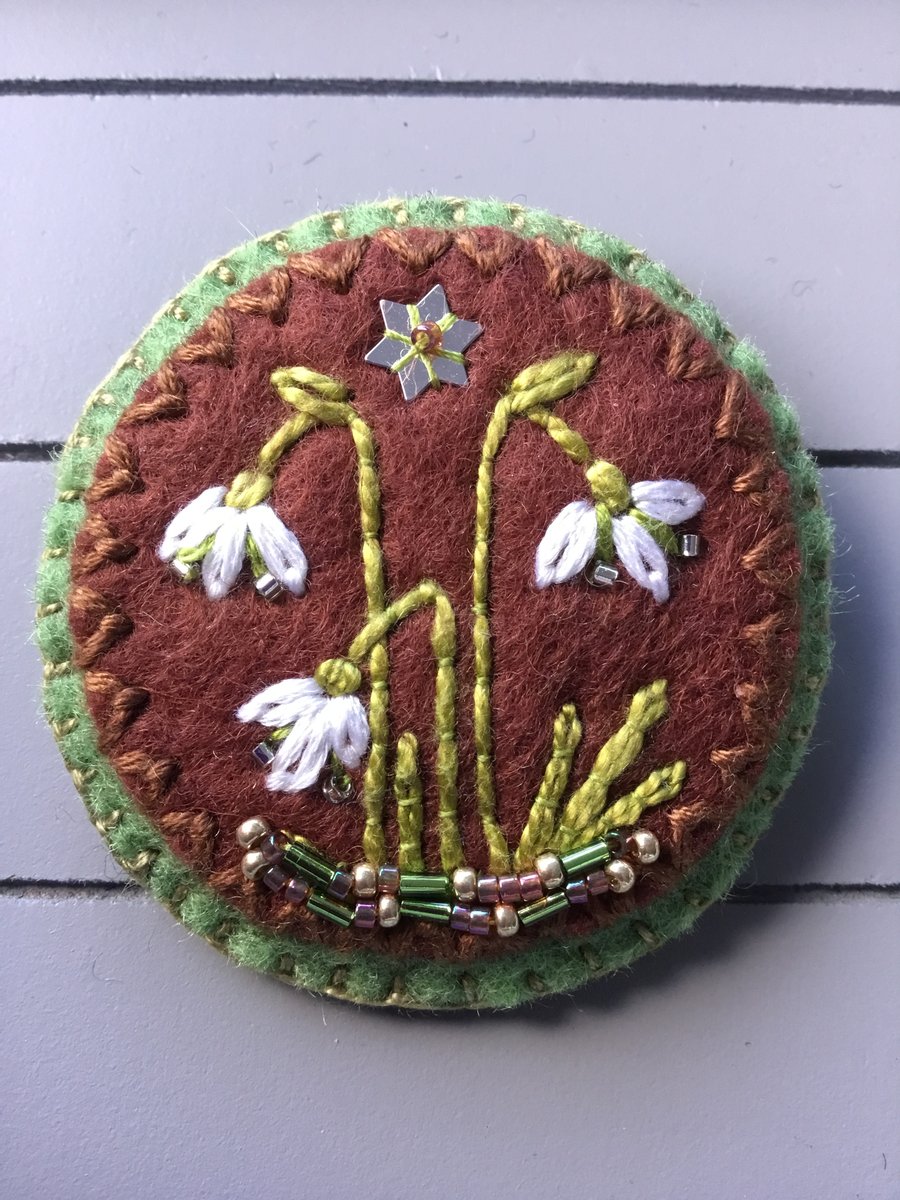 Hand Embroidered Snowdrop Brooch 