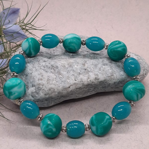 Handmade aqua and silver polymer clay bracelet