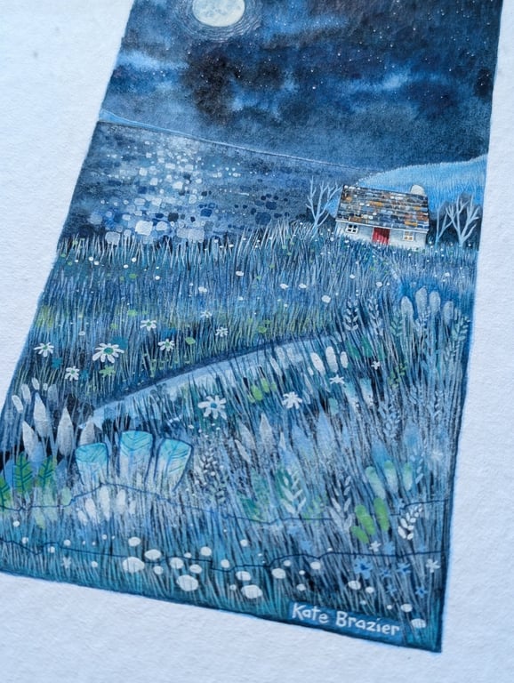 Welcome Home Cottage - Mixed media. Colourful. Unique. Moonlight. Mounted 