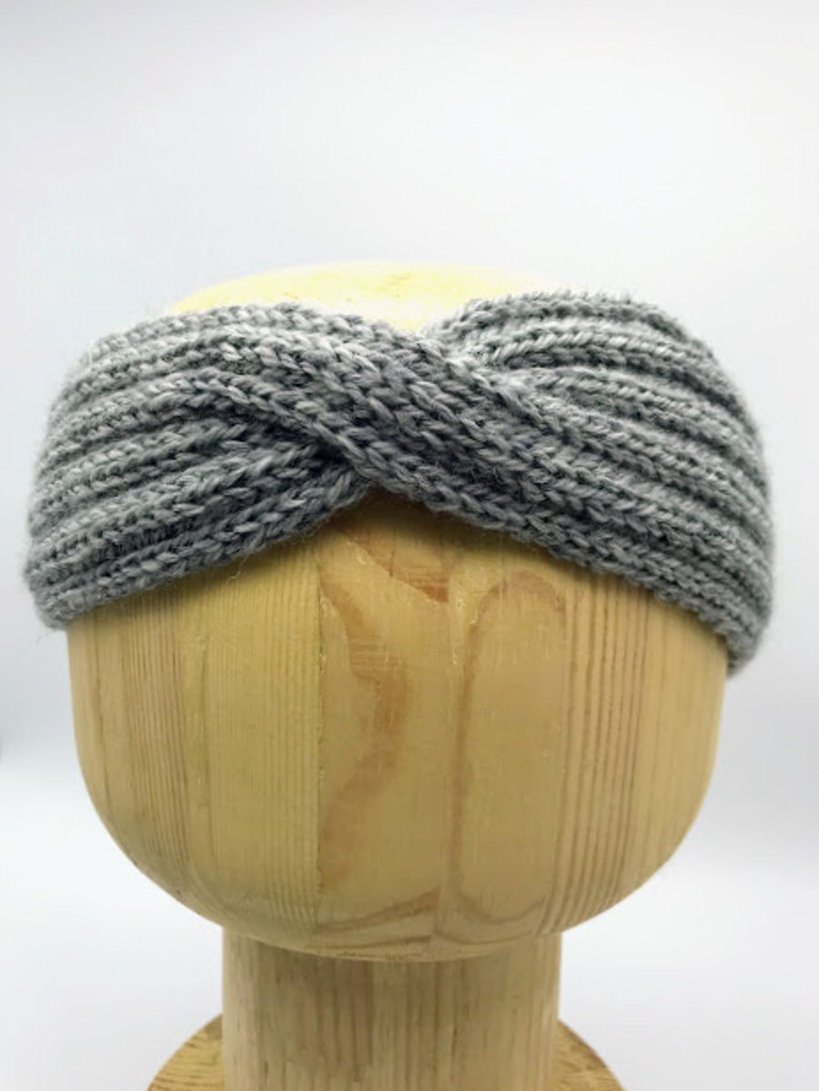 Hand Knitted Twist Head band Turban in Grey