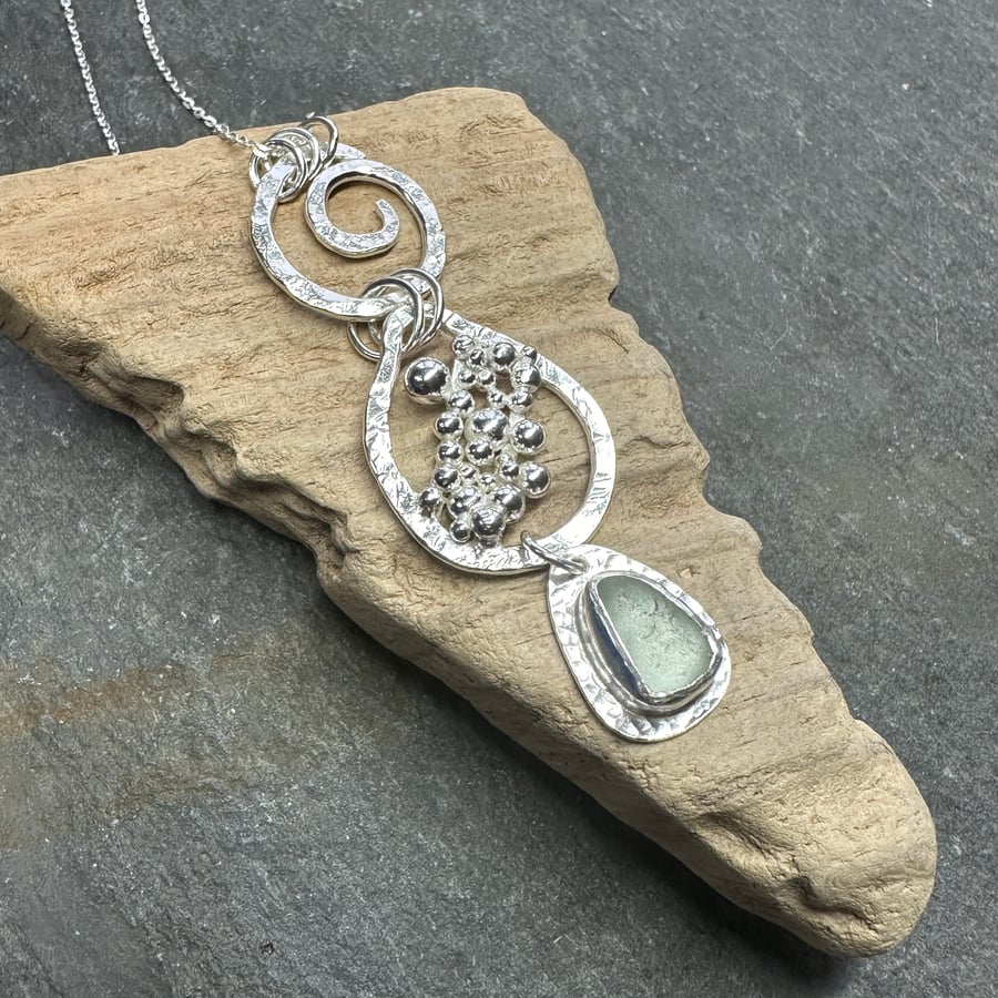 Silver sea glass pendant necklace, sterling silver chain, recycled silver, glass