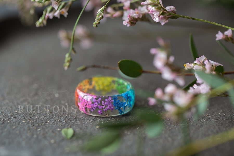 Real Flower Ring Rainbow Lace Flowers Botanical Jewellery Resin Jewelry Pressed 