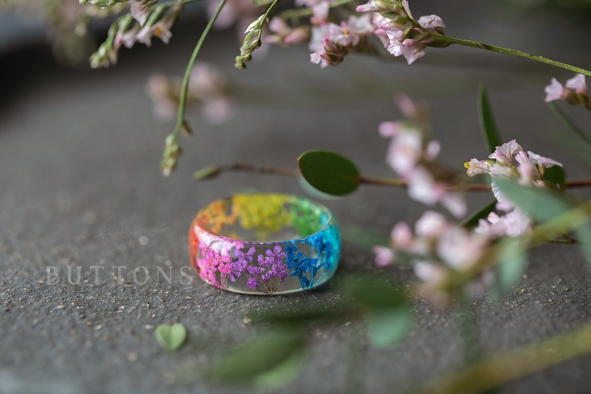 Real Flower Ring Rainbow Lace Flowers Botanical Jewellery Resin Jewelry Pressed 