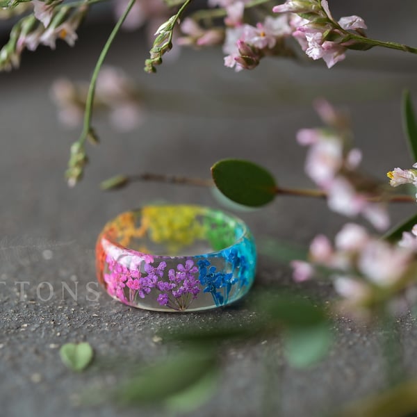 Real Flower Ring Rainbow Lace Flowers Botanical Jewellery Resin Jewelry Pressed 