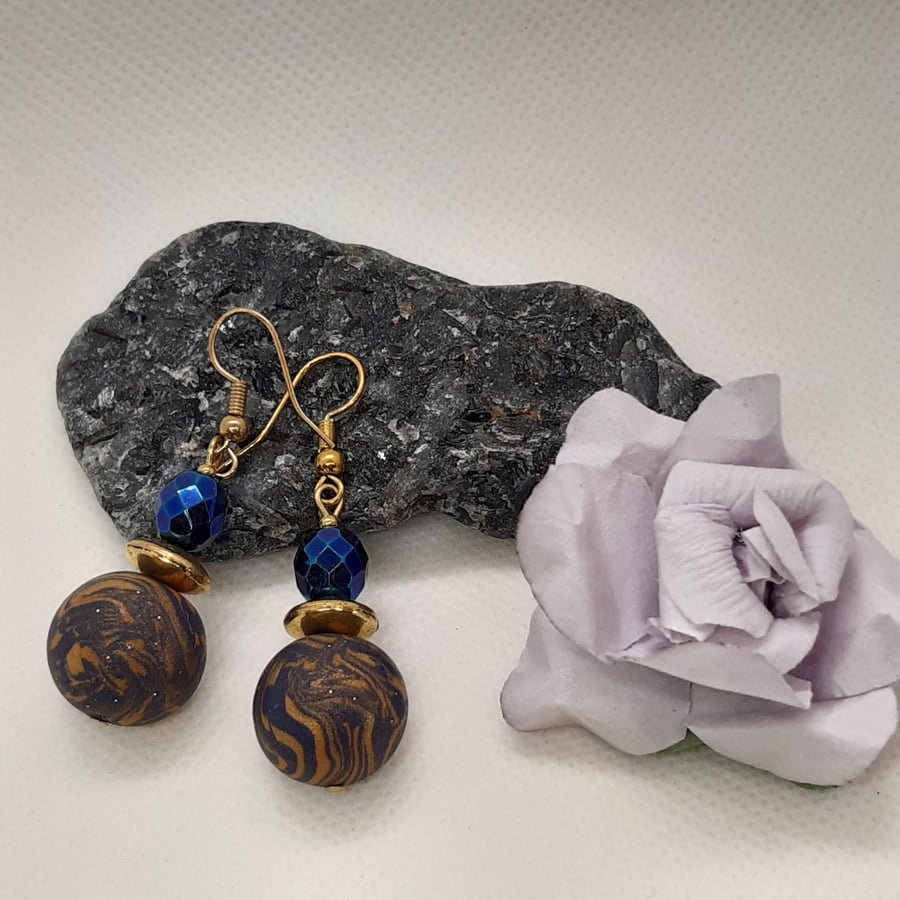 Navy blue and gold polymer clay earrings