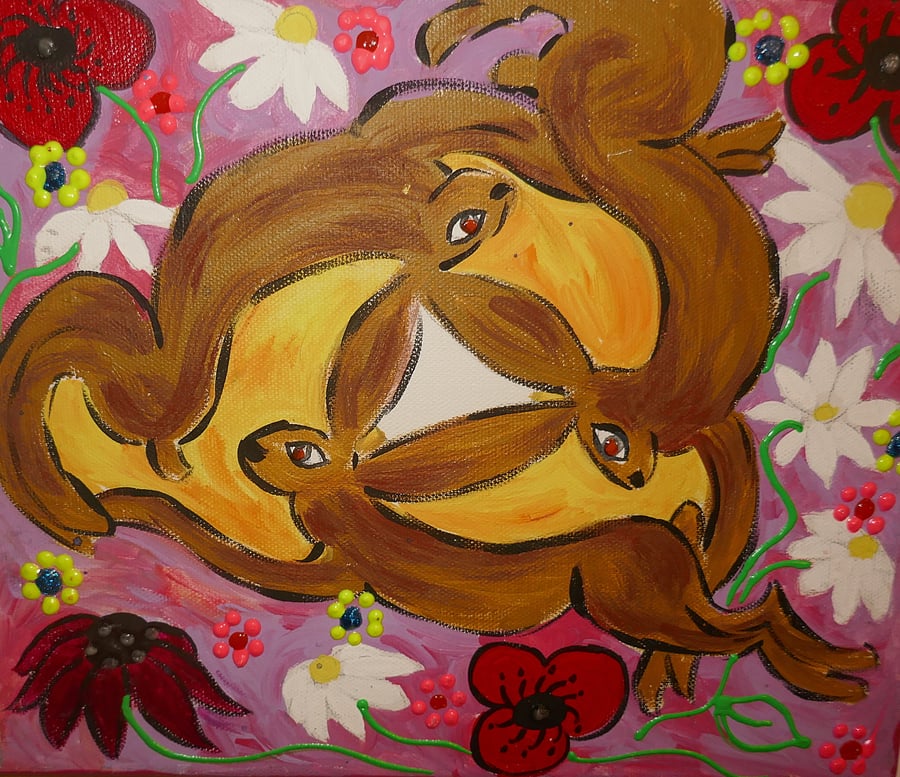Quirky Hares Chasing Each other among Flowers acrylic painting on canvas10 x12"