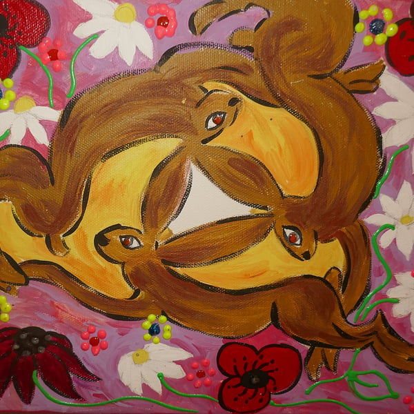 Quirky Hares Chasing Each other among Flowers acrylic painting on canvas10 x12"