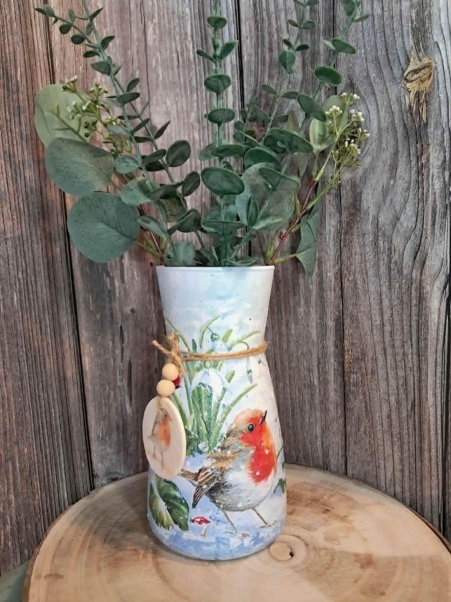 Image of Winter Robin Decoupage Vase, Cottage Core Decor, Hand-Painted Botanical Home Acc