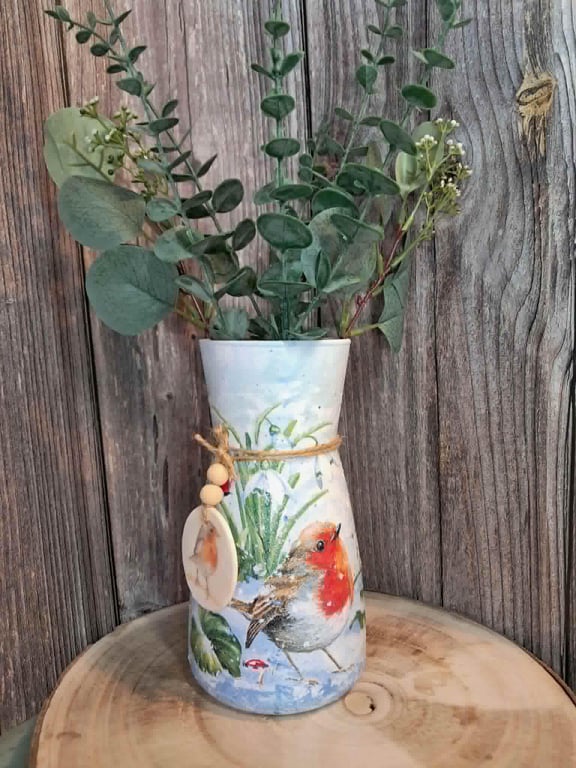 Winter Robin Decoupage Vase, Cottage Core Decor, Hand-Painted Botanical Home Acc