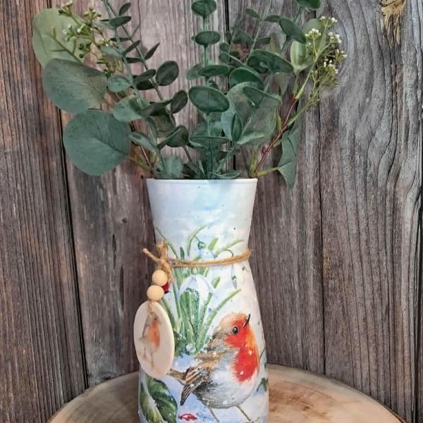 Winter Robin Decoupage Vase, Cottage Core Decor, Hand-Painted Botanical Home Acc