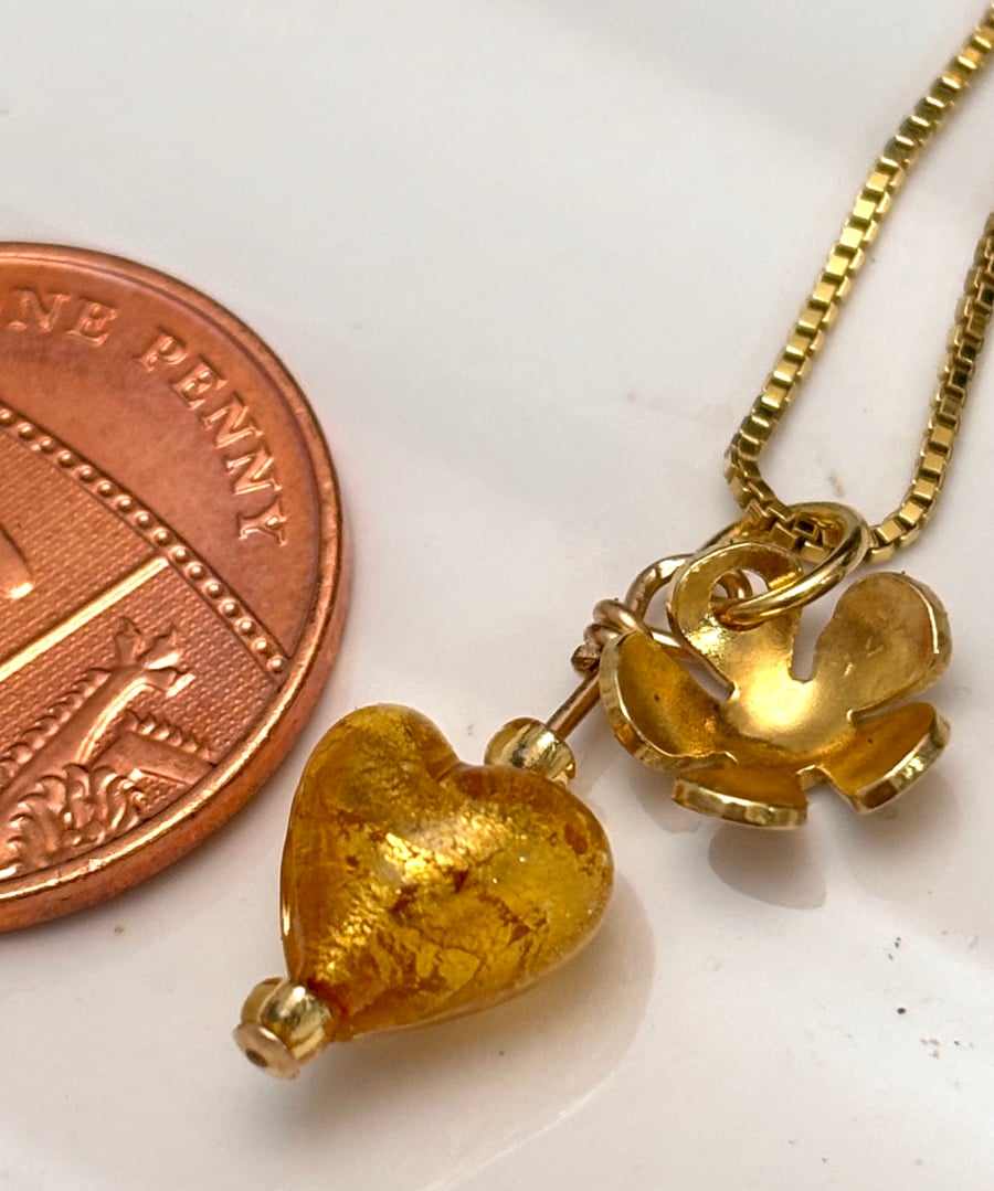 A Tiny Sweet Heart Gold plated Silver Venetian Pendant Golden, Murano, Flower