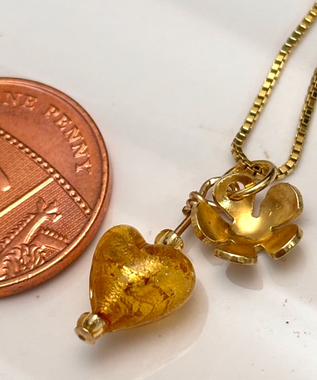 A Tiny Sweet Heart Gold plated Silver Venetian Pendant Golden, Murano, Flower