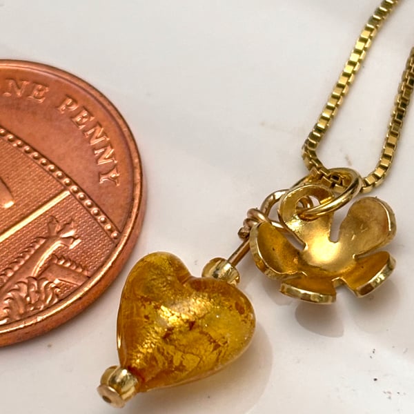 A Tiny Sweet Heart Gold plated Silver Venetian Pendant Golden, Murano, Flower