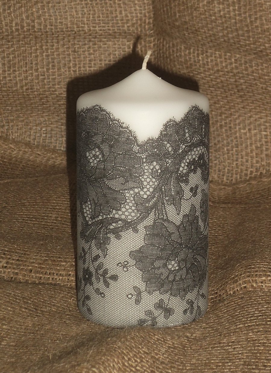 Decorated candle Black White Lace napkin decoupage Ladies Delicate Unusual 6"