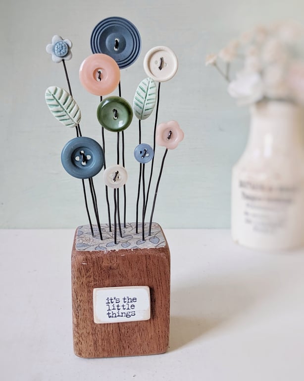 Clay Flower and Button Garden in a Wood Block 'Its the little things'