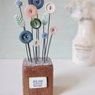 Clay Flower and Button Garden in a Wood Block 'Its the little things'