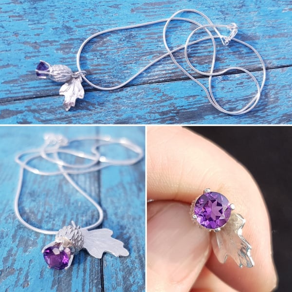 Amethyst Thistle  & leaf Necklace
