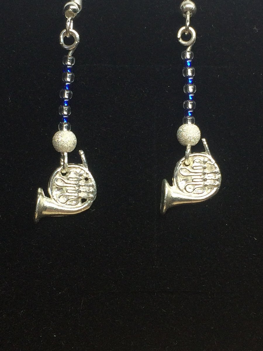 French Horn Fine Silver Drop Chandelier Earrings in Blue and Silver