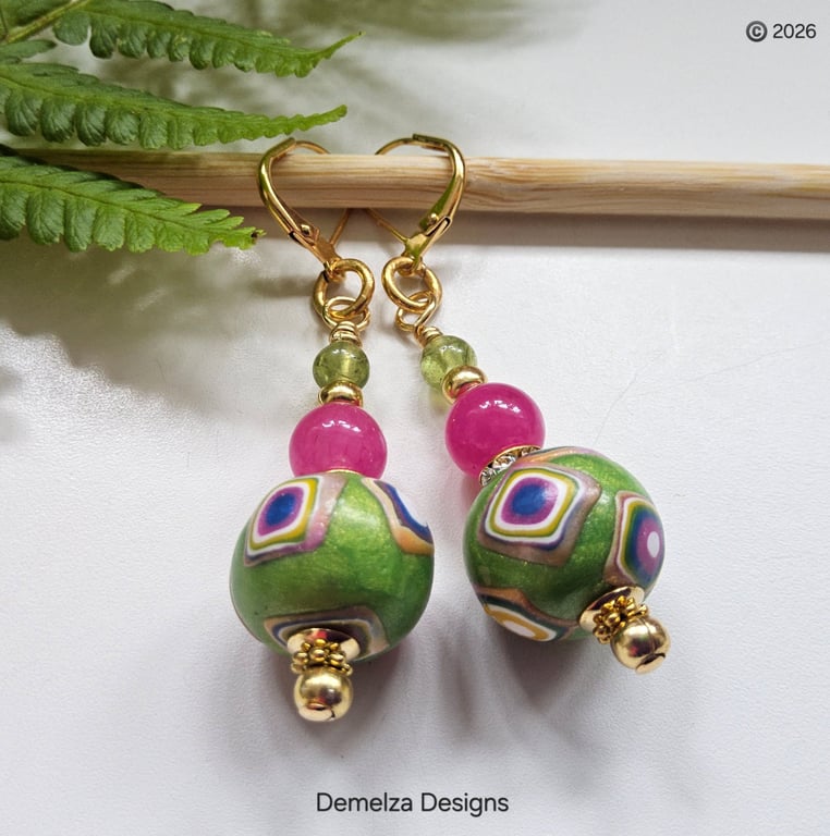 Hand Made Polymer Clay Beads, Quartzite & Peridot Gold Plate Earrings