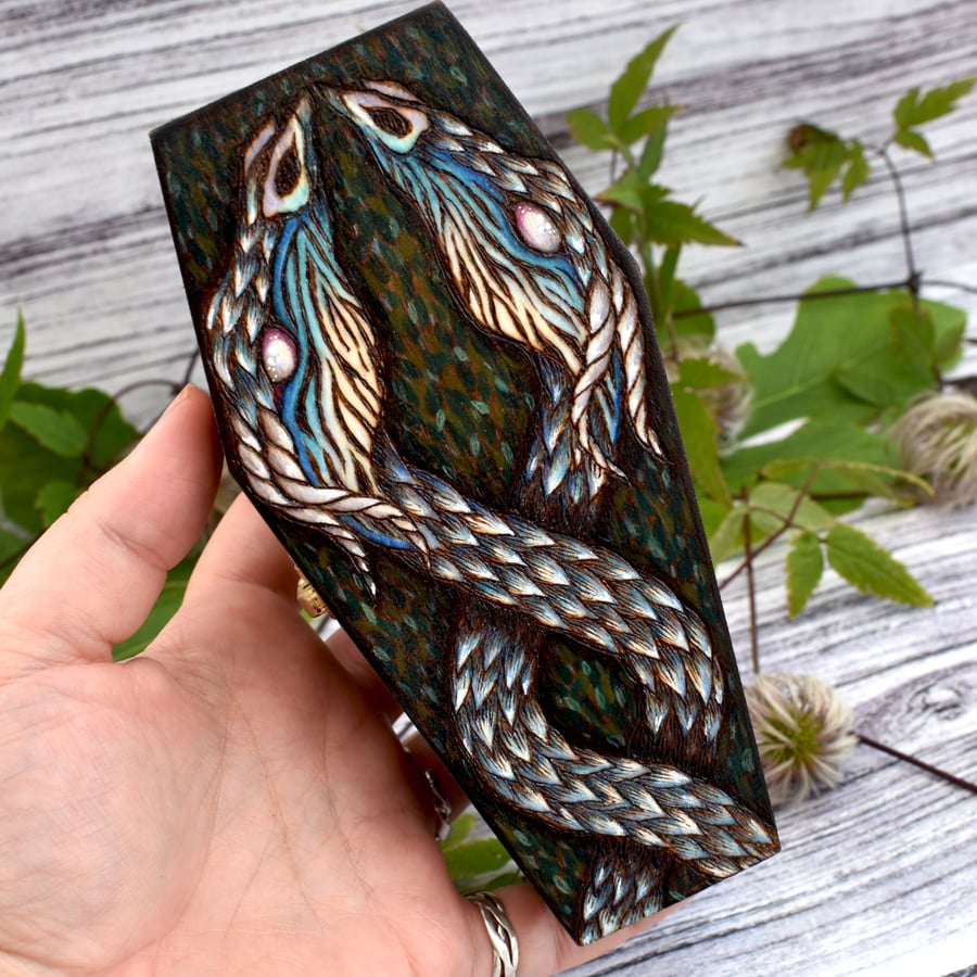 Twisted Dragons coffin shaped box. Pyrography with colour.