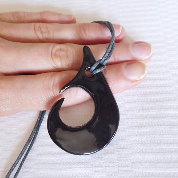 Black Ceramic Pendant on Light Grey Cord Necklace