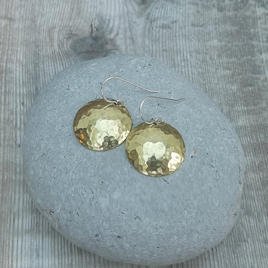 Brass and Sterling Silver Hammered Curved Disc Earrings