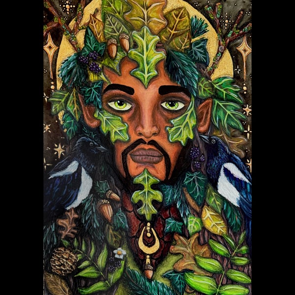 Green Man, Reimagined - Original A3 Pagan Folklore Mixed Media Painting