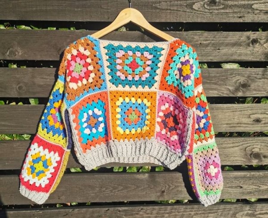 Handmade Granny Square Crochet Jumper - Colourful Cotton Sweater 