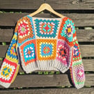 Handmade Granny Square Crochet Jumper - Colourful Cotton Sweater 