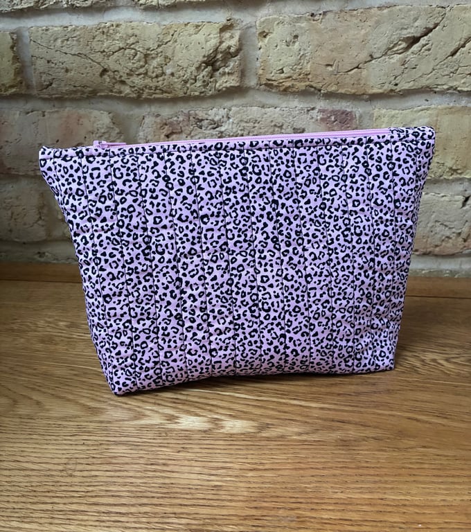Pink And Black Leopard Print Quilted Fabric Makeup Bag