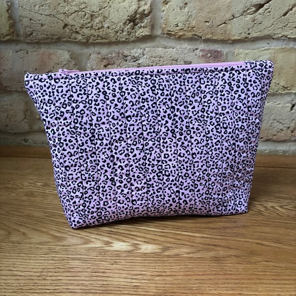 Pink And Black Leopard Print Quilted Fabric Makeup Bag