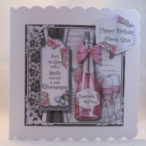 Handmade Pink Champagne  Greeting Card,Personalise,3D,Decoupage