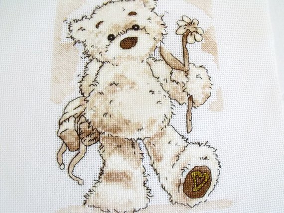 sepia teddy bear cross stitch picture, ready to... - Folksy