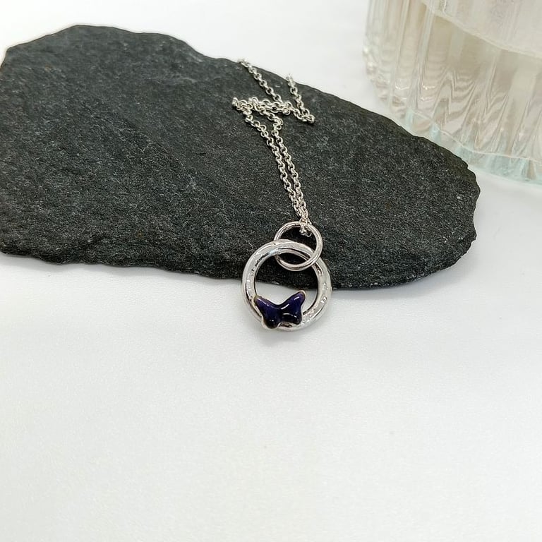 butterfly necklace glass enamelled purple amethyst sterling silver