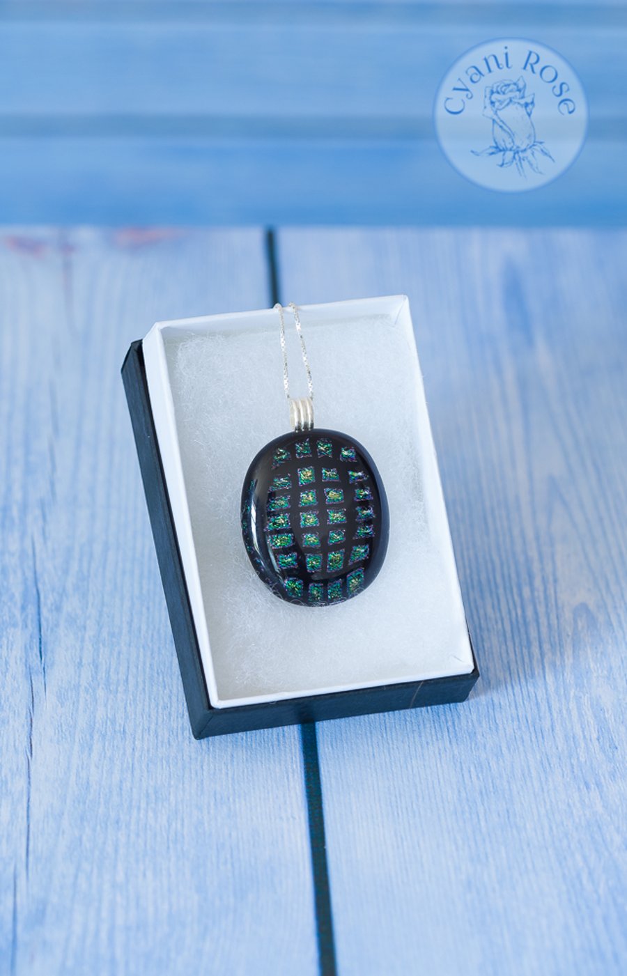 Beautiful dichroic fused glass pendant black peacock feather colours