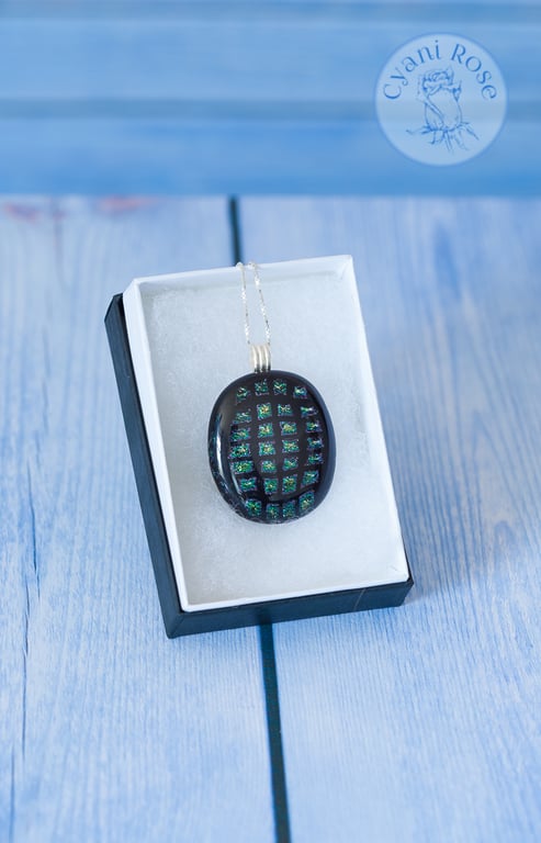 Beautiful dichroic fused glass pendant black peacock feather colours