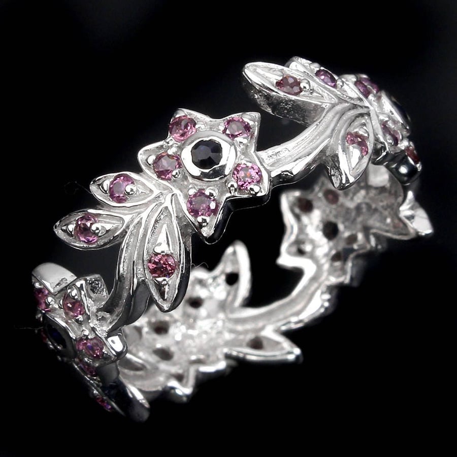 Sapphire and Garnet Floral Foliate Garland Full Band Ring 