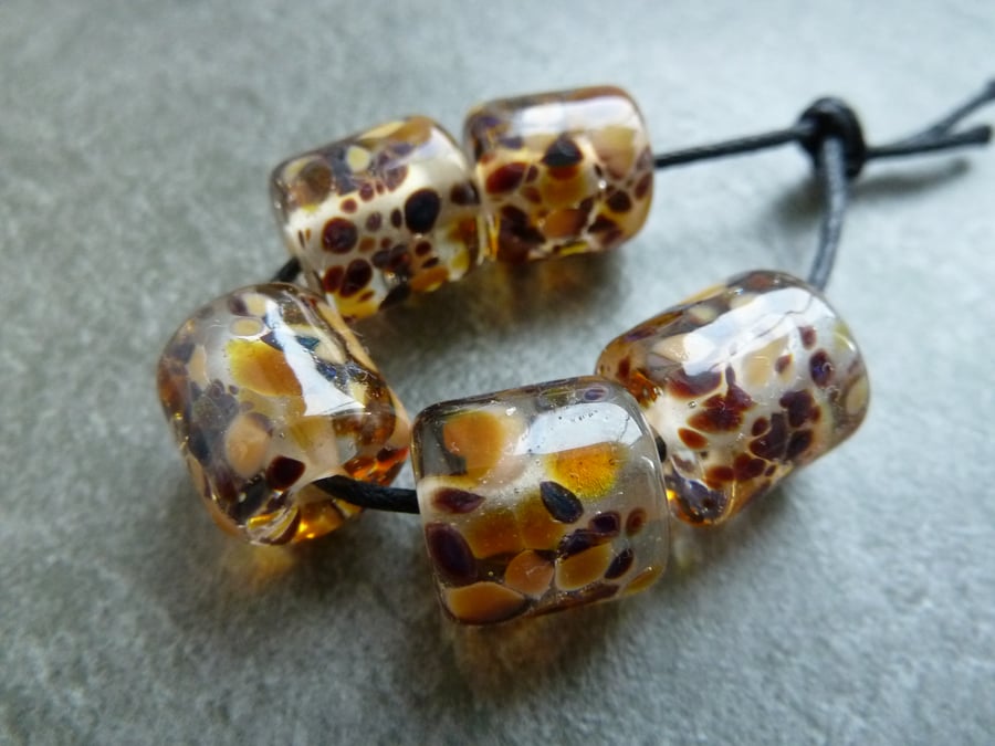 lampwork glass beads, brown frit barrels