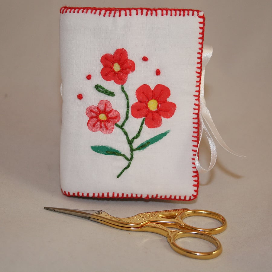 Printed and Embroidered Needlecase - Red Flowers