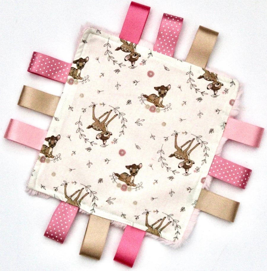 Bambi Taggy Blanket, Baby Girl's Comforter, Cuddle Hide Backing - Personalised!