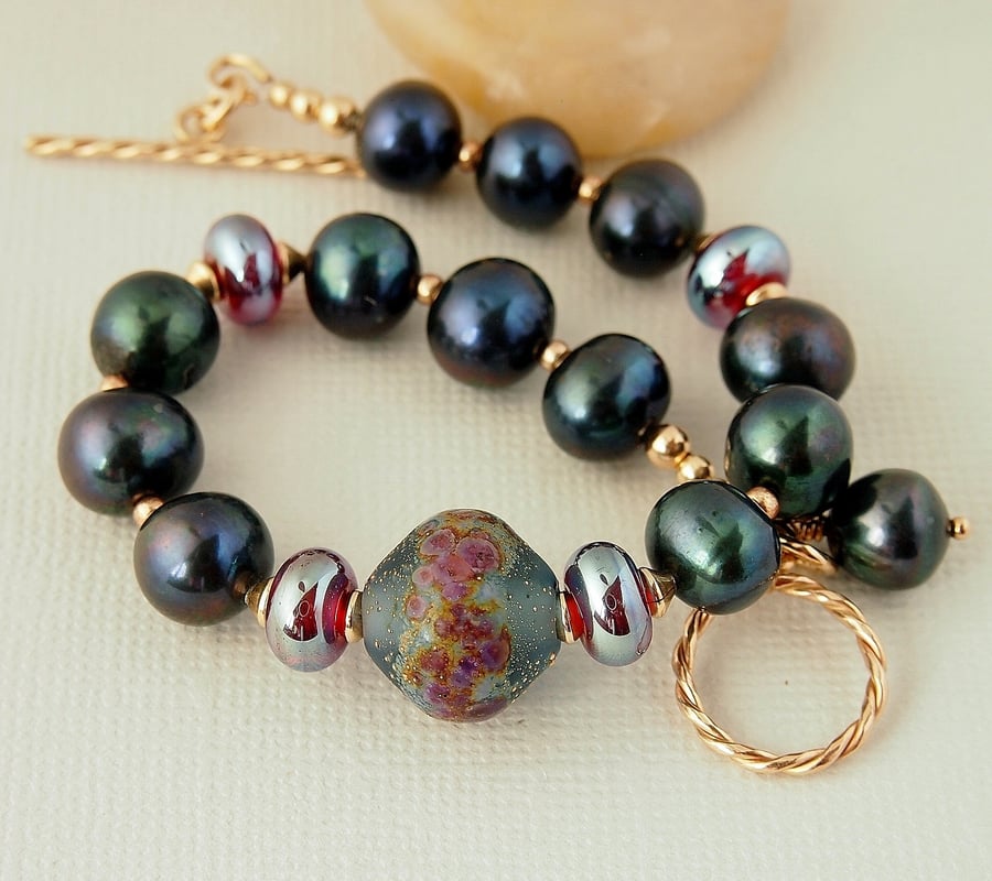 Blue Peacock Pearl Bracelet - Gold Filled