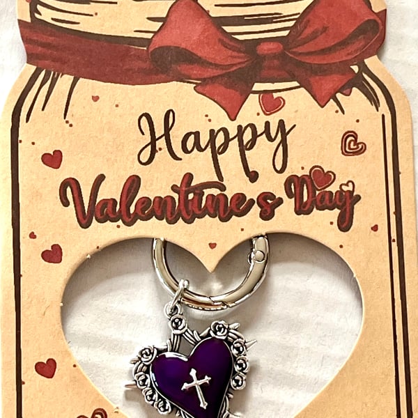 Valentine’s Day gift purple heart with cross keyring birthday gift
