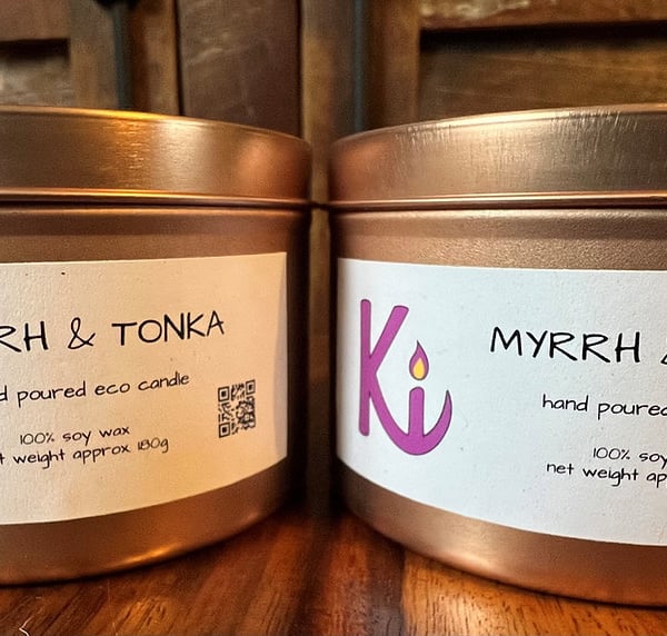 Myrrh & Tonka scented soy candle in a rose gold tin 