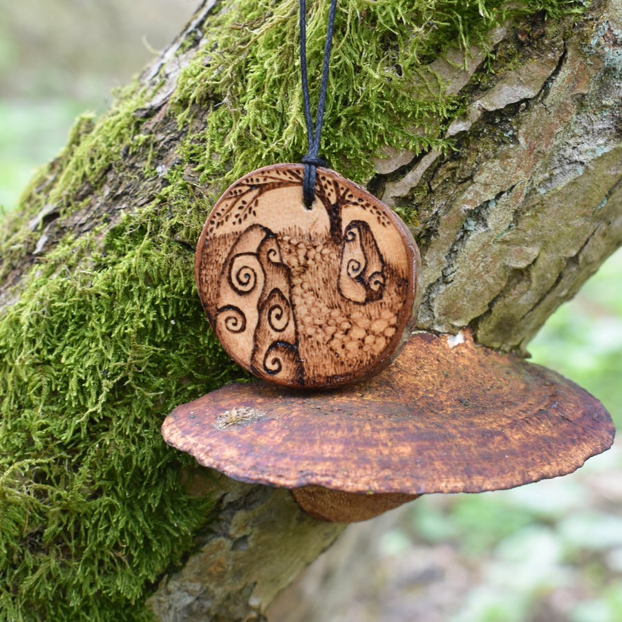 Standing stones couple pyrography pendant. Rustic branch slice necklace. 