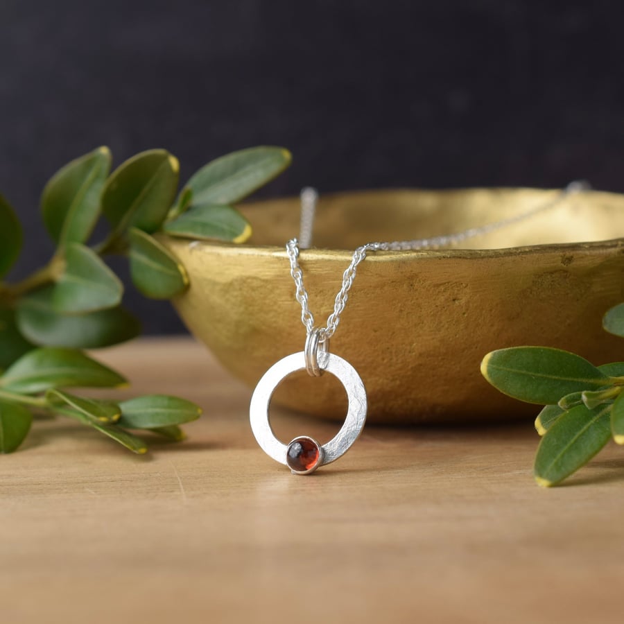 Textured Sterling Silver Circle Necklace with Garnet
