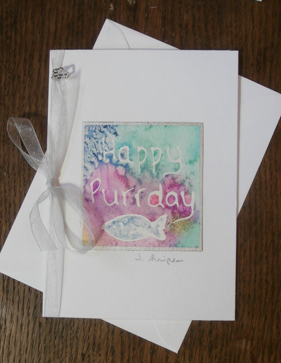 Hand painted watercolour card. Birthday card for the cat, Happy purrday,