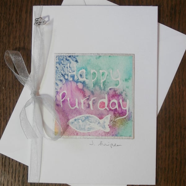 Hand painted watercolour card. Birthday card for the cat, Happy purrday,