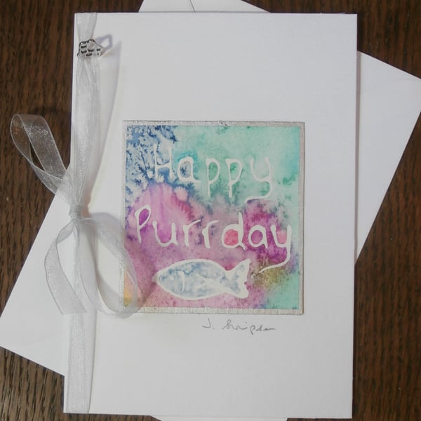 Hand painted watercolour card. Birthday card for the cat, Happy purrday,