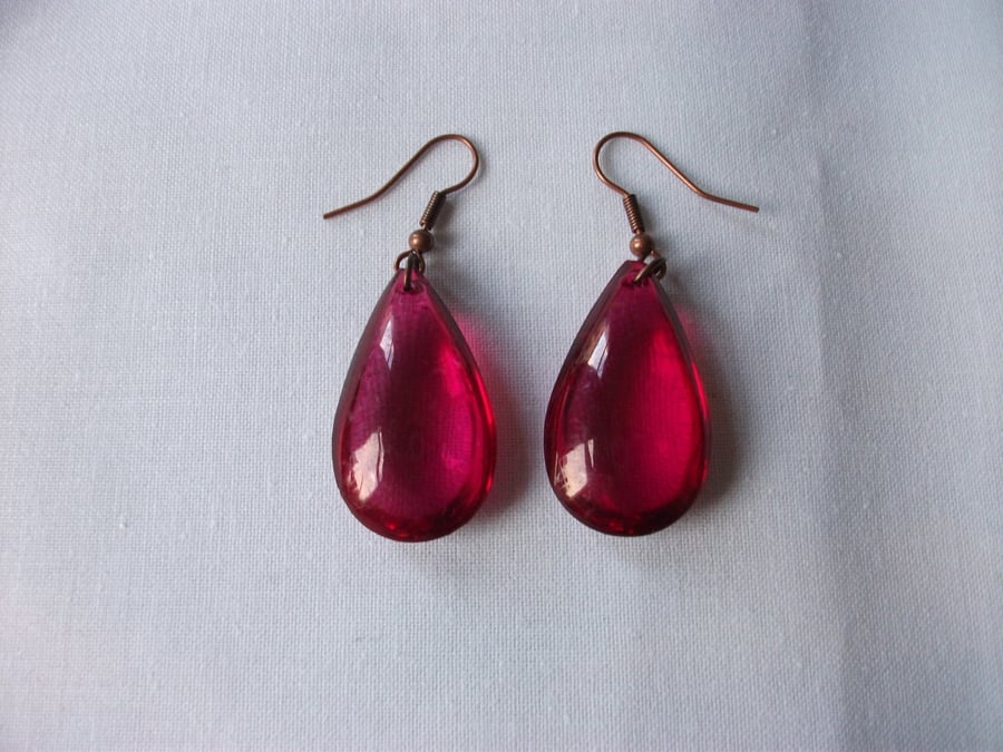 Ruby Red Clear Pear Drop shaped earrings with copper earwires.